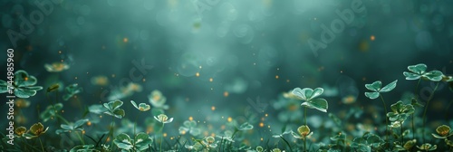 A serene and mystical depiction of a field of clover leaves shimmering with an ethereal glow in a tranquil setting.  © AW AI ART