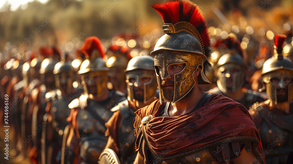 16:9 the commanding presence of General as he leads a phalanx of Spartan warriors at the forefront of a critical battle. - obrazy, fototapety, plakaty 