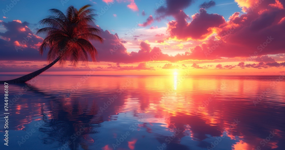 An Illustration of a Dramatic Sunset Reflecting off the Sea with a Coconut Palm on the Beach