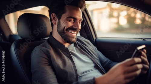 A Happy Smiling Man Uses A Smartphone, Watches Video Jokes, Types A Message, Talks via Video Chat While Sitting in The Car. © liliyabatyrova