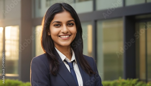 25 year old Indian woman with black hair wearing a navy blue suit and tie smiling with blur background of a building with glass windows