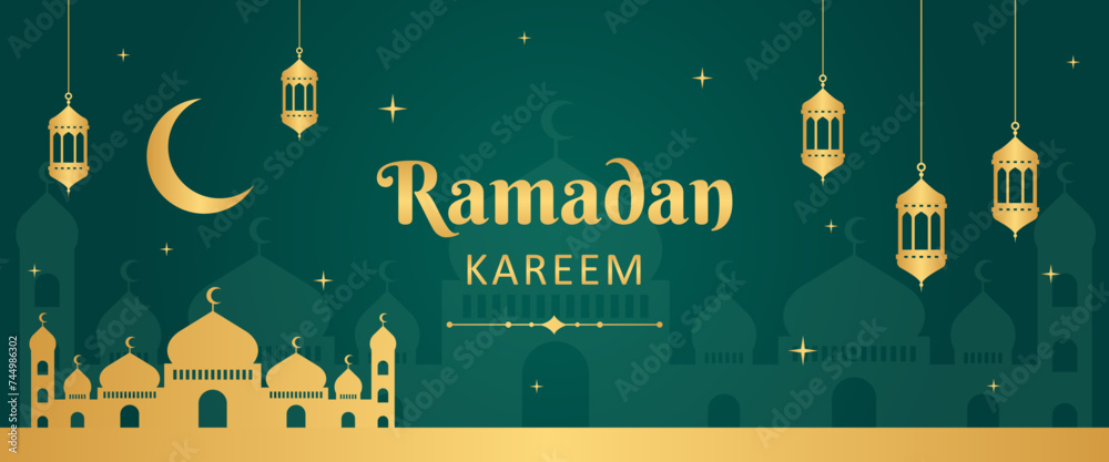 Obraz premium Ramadan Karem Islamic greetings banner background. Mosque, and lantern illustrations. Ramadan design for web banners, business, and header