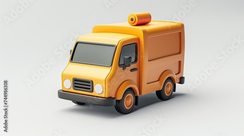 Cartoon-styled yellow delivery van with rolled carpet on top.