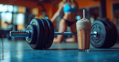 Fitness and Nutrition - A Detailed Composition Featuring a Metal Dumbbell and Protein Shake with a Blurred Woman in the Backdrop