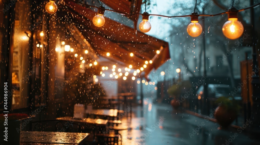contemplative rain sky composition, embraced by the warm and inviting light of cafe lights, creating a cozy and comforting ambiance during urban rainfall