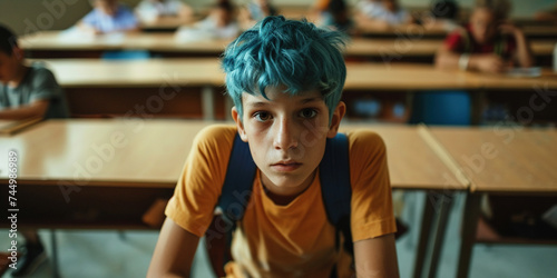 Youth subculture gen generation z bulling self expression confidence concept. Portrait of creative nonbinary outsider student boy with short blue green hair in school class room with lockers