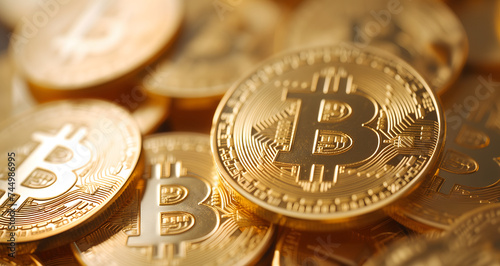 Golden bitcoin shiners closeup full-frame background. photo