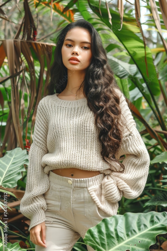 © AdriFerrer - Woman in a cream sweater posing in a botanical garden. © AdriFerrer - Woman in a cream sweater posing in a botanical garden.