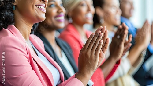 Smiling women in colorful blazers clapping hands.