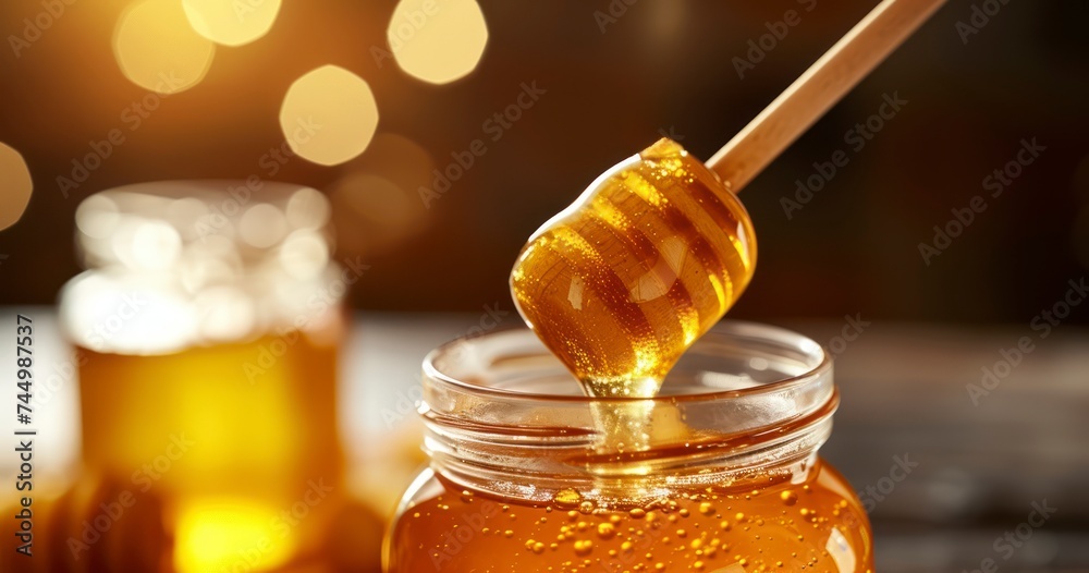 Capturing the Close-Up Essence of Pouring Aromatic Honey into a Jar - obrazy, fototapety, plakaty 