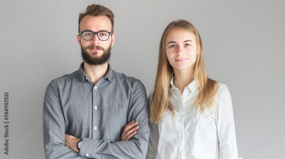 Two business partners in a minimalist office with a light grey background. They are both looking at the camera with friendly smiles Two business partners in a minimalist office with a light grey background. They are both looking at the camera with friendly smiles