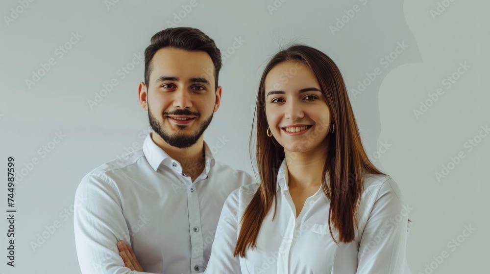 Two business partners in a minimalist office with a light grey background. They are both looking at the camera with friendly smiles Two business partners in a minimalist office with a light grey background. They are both looking at the camera with friendly smiles