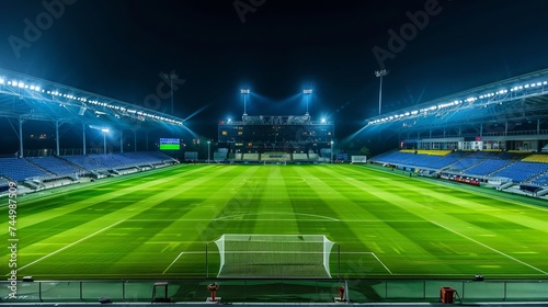 Night time, a soccer stadium and pitch, view from the stands looking down, vivid colours