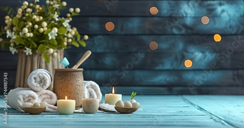 Spa Treatments on a Blue Wooden Table Invoking Serene Coastal Vibes