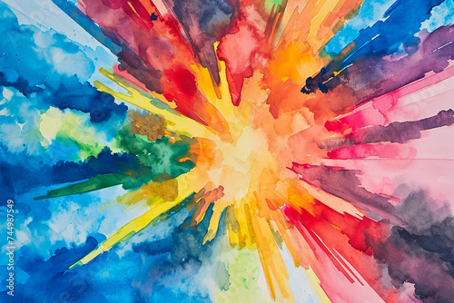 A watercolor illustration of a colorful explosion  with a beautiful blue sky in the background