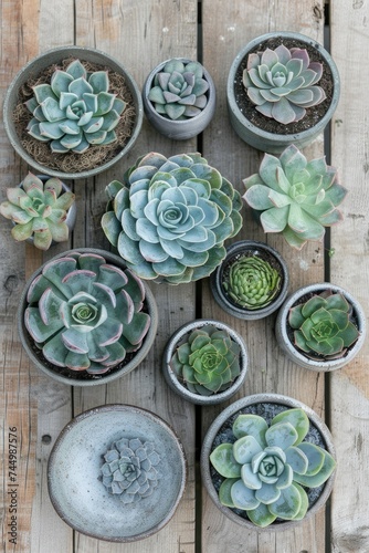 Collection of various succulents in different pots on a wooden surface. photo