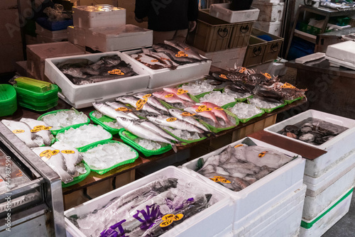 新鮮な魚介類が並ぶ鮮魚店 © Sally B