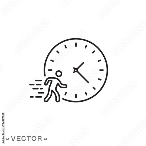 time management concept, organize hours work, busy schedule career, running businessman and clock circle, rush job deadline, thin line symbol isolated on white background,editable stroke eps 10 vector