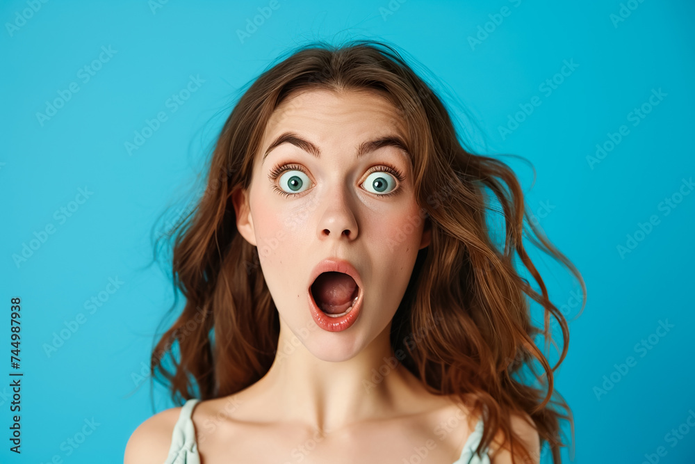 A surprised woman with her jaw dropped and wide eyes on a blue background