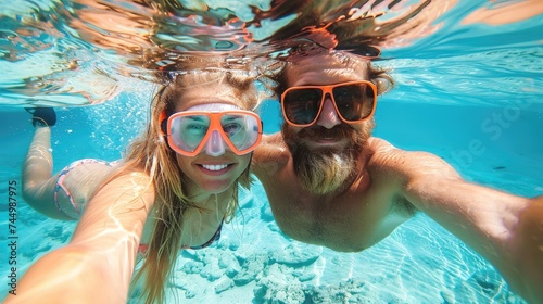 Couple taking an underwater selfie with goggles. © AdriFerrer