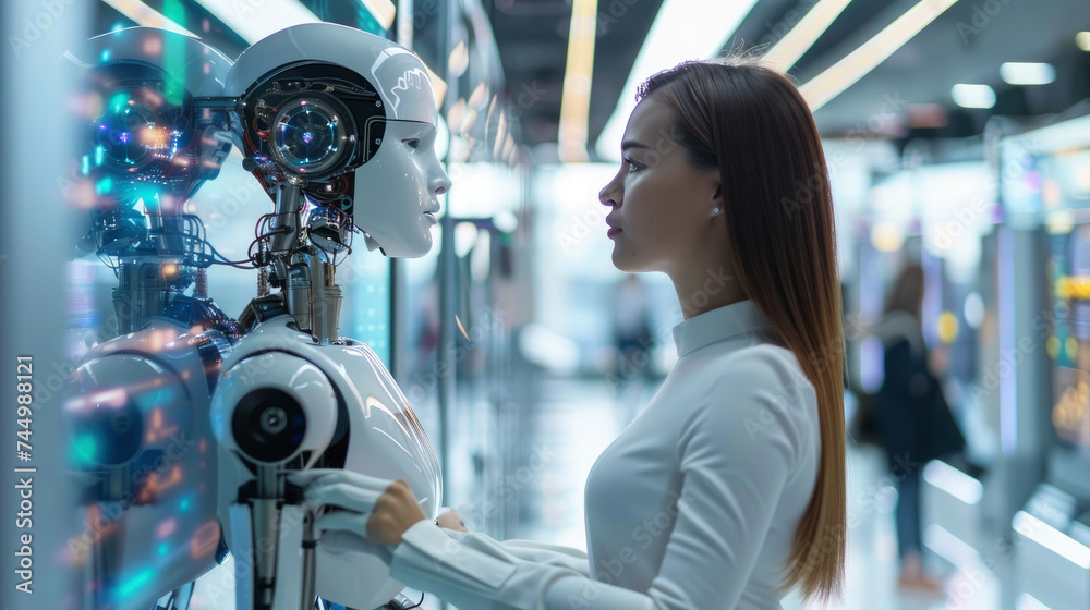Fototapeta premium Entrepreneurs and AI collaborating in a futuristic startup incubator