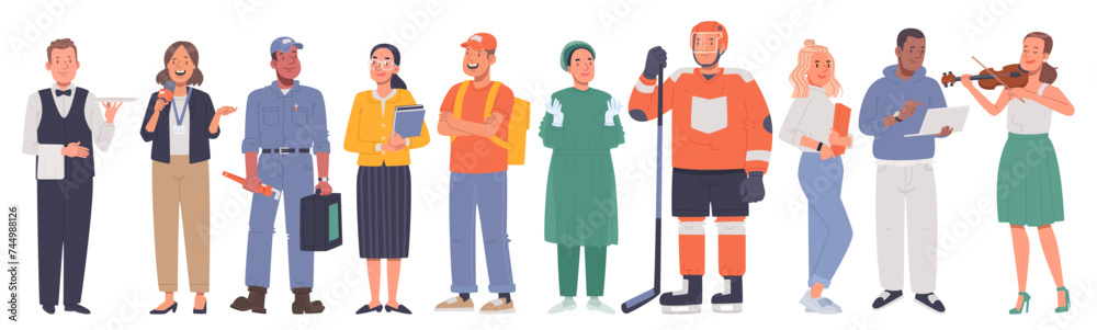 Set of people of different professions. Men and women in uniform in full length on a white background Set of people of different professions. Men and women in uniform in full length on a white background