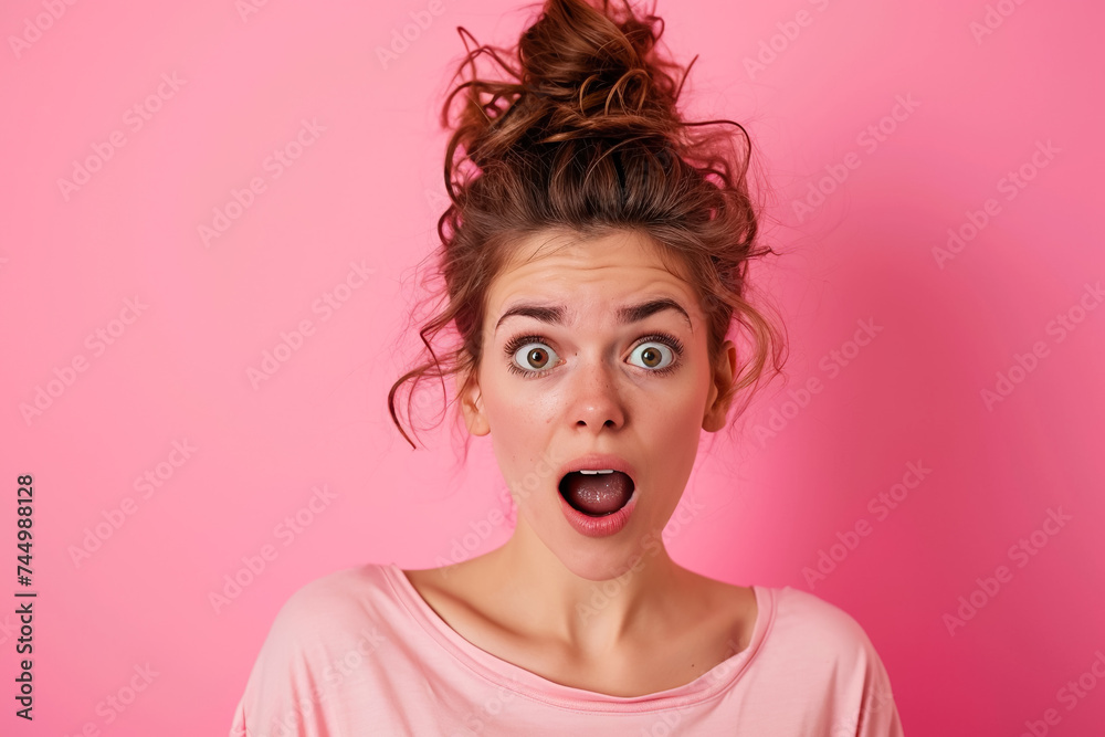 A surprised woman with bulging eyes on a pink background. A surprised woman with bulging eyes on a pink background.