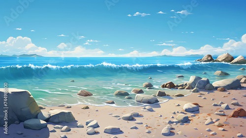 Present a serene beach scene with stones scattered along the shore.