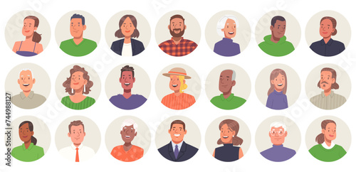 Set of avatars of multicultural men and women of different ages in a circle. Vector illustration