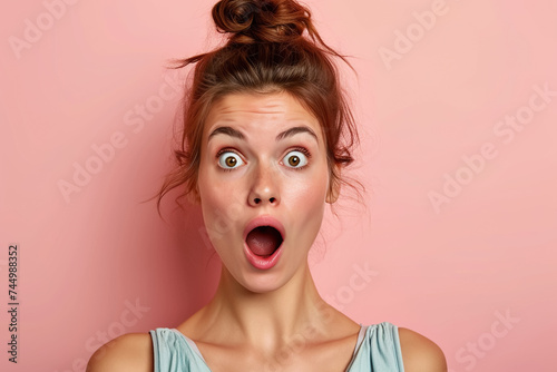 A surprised woman with a twisted mouth and wide eyes on a pink background photo