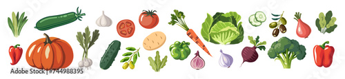 Set of different vegetables. Collection of healthy vegan and vegetarian food icons. Natural organic products. Simple flat style vector hand drawn illustrations isolated on transparent background. photo