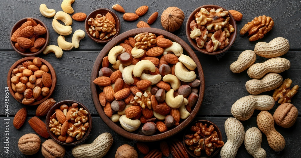 A Scrumptious Assortment of Nuts Nestled in a Natural Wood Setting A Scrumptious Assortment of Nuts Nestled in a Natural Wood Setting
