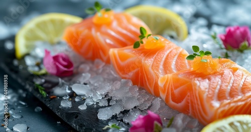 Delectable Salmon Fillets Resting on Ice  Complemented by Lemon and Rose Decorations