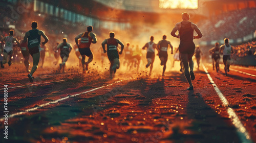 Athletes running through a stadium filled with spectators. A mass race.