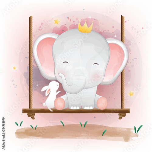 Cute baby elephant playing on the swing watercolor illustration