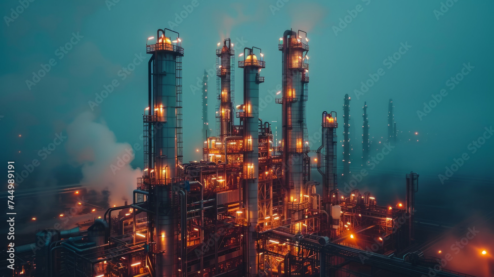 Fototapeta premium Illuminated industrial refinery towers at night with atmospheric fog, showcasing complex piping and structural elements in a moody, cinematic setting.