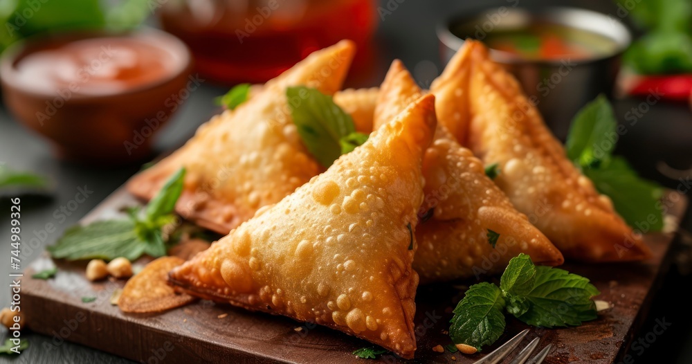 The Iconic Indian Samosa, a Flavorful Street Snack on a Traditional Board The Iconic Indian Samosa, a Flavorful Street Snack on a Traditional Board