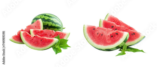 watermelon slices and leaves on transparent background