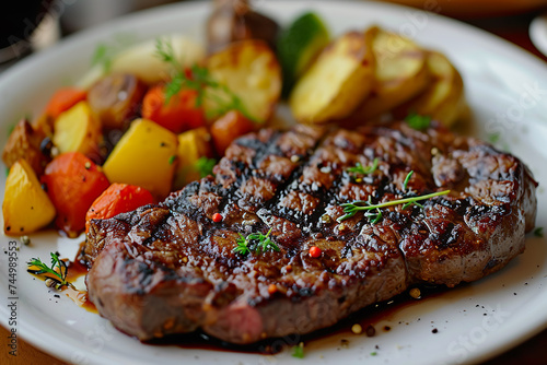 A plate of steak with a side of roasted vegetables. The steak is cooked to medium-rare perfection