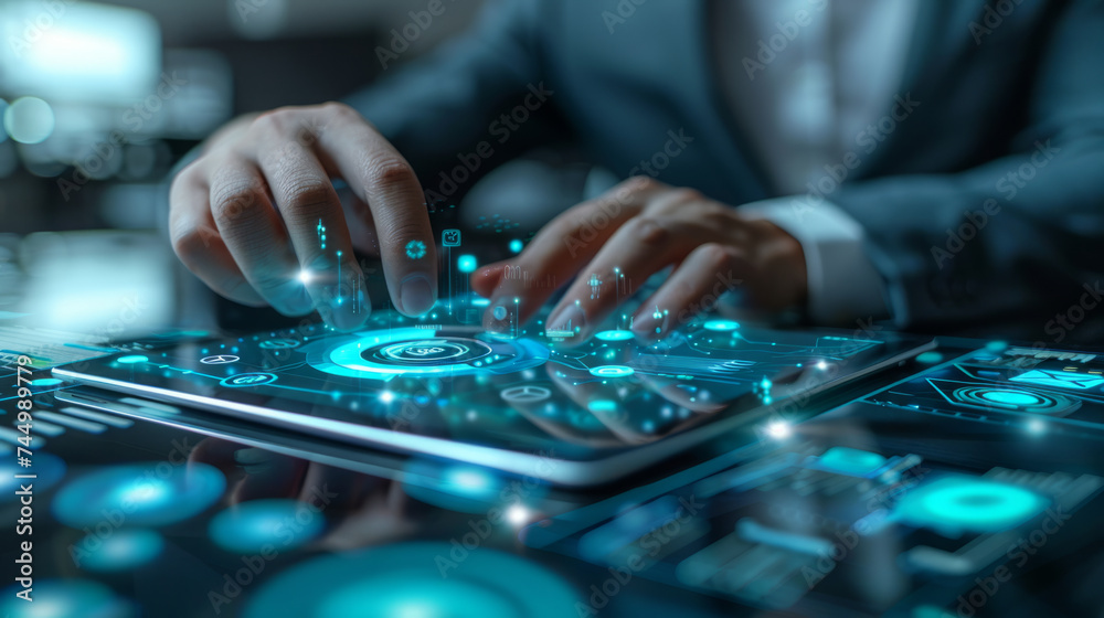 A business professional interacts with a futuristic holographic interface on a tablet, with digital icons and data floating above the screen, symbolizing advanced technology in business operations. A business professional interacts with a futuristic holographic interface on a tablet, with digital icons and data floating above the screen, symbolizing advanced technology in business operations.