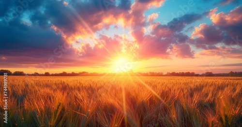 A Fantastic Sunset Illuminates Whimsical Wheat Fields with Enchanting Sunbeams © lander