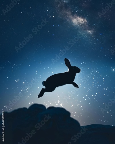 A silhouette of a rabbit leaping over craters on a moonlit night stars twinkling in the background