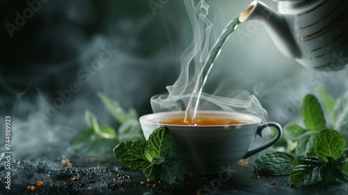 Hot tea is pouring from a teapot into cup with magical morning background