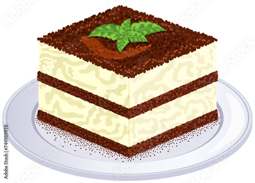 Tiramisu Delight Topped with Fresh Lemon Balm Leaves  - Italian Dessert Vector Illustration 