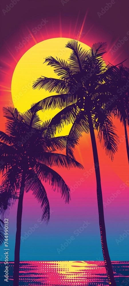 Sunset in 80s retro style palm tree outlines against a vibrant tropical backdrop