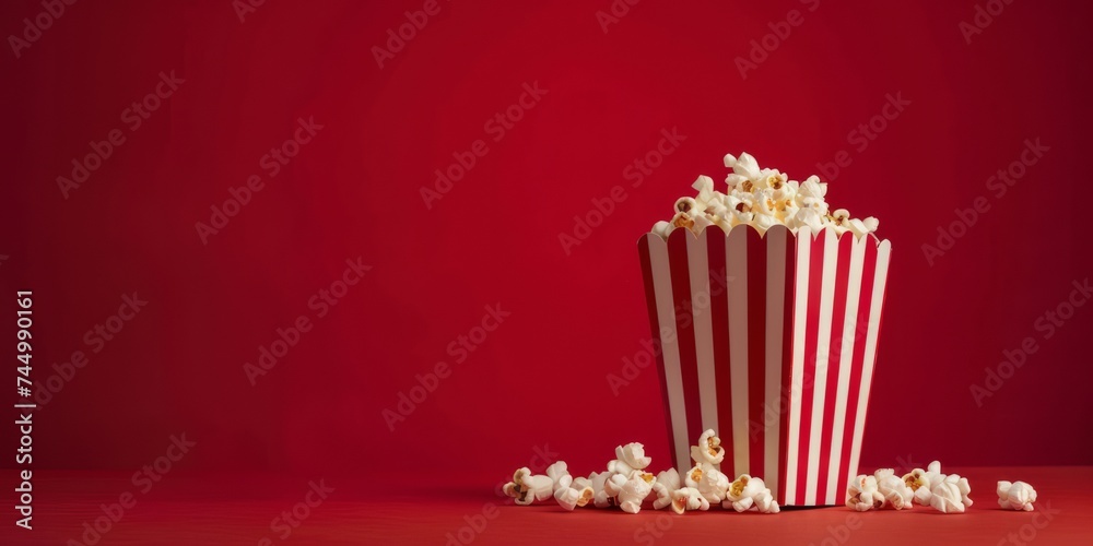 Flying popcorn in a striped red and white package on a red background with space for text. AI generative