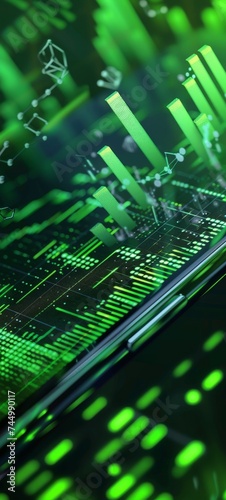 Smartphone screen with a digital graph in shades of green reflecting modern eco friendly technology