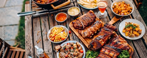 Smoky barbecue spread variety of meats glistening with sauce rustic wooden table outdoor setting vibrant side dishes warm inviting ambiance photo