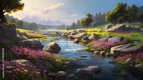 Present a serene riverbank with stones surrounded by blooming wildflowers. © Muhammad
