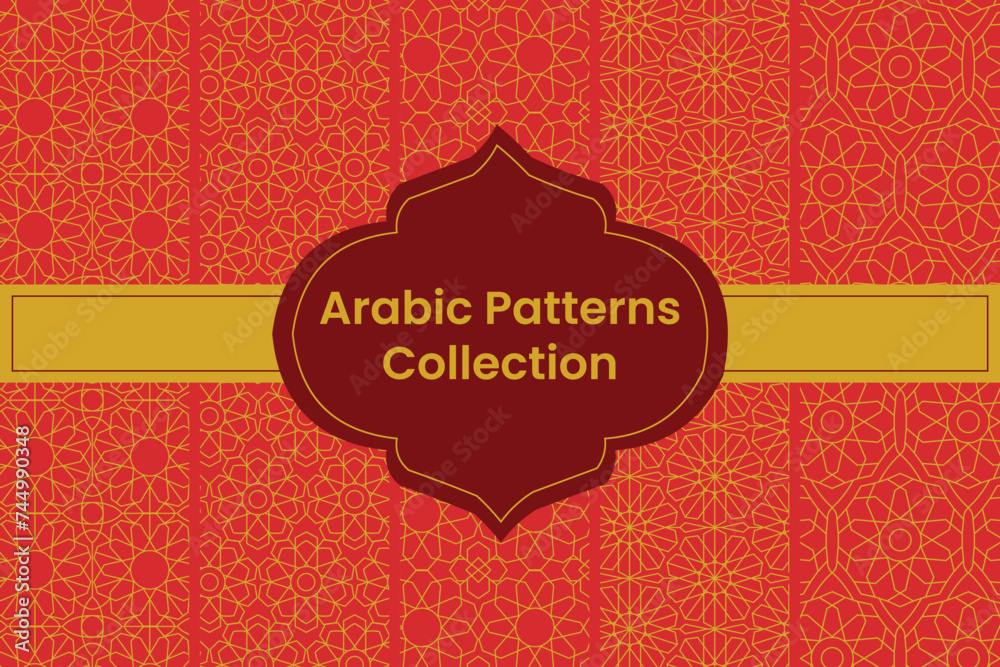 Set of Golden Arabic Patterns on Red Background, Vector Set of Golden Arabic Patterns on Red Background, Vector
